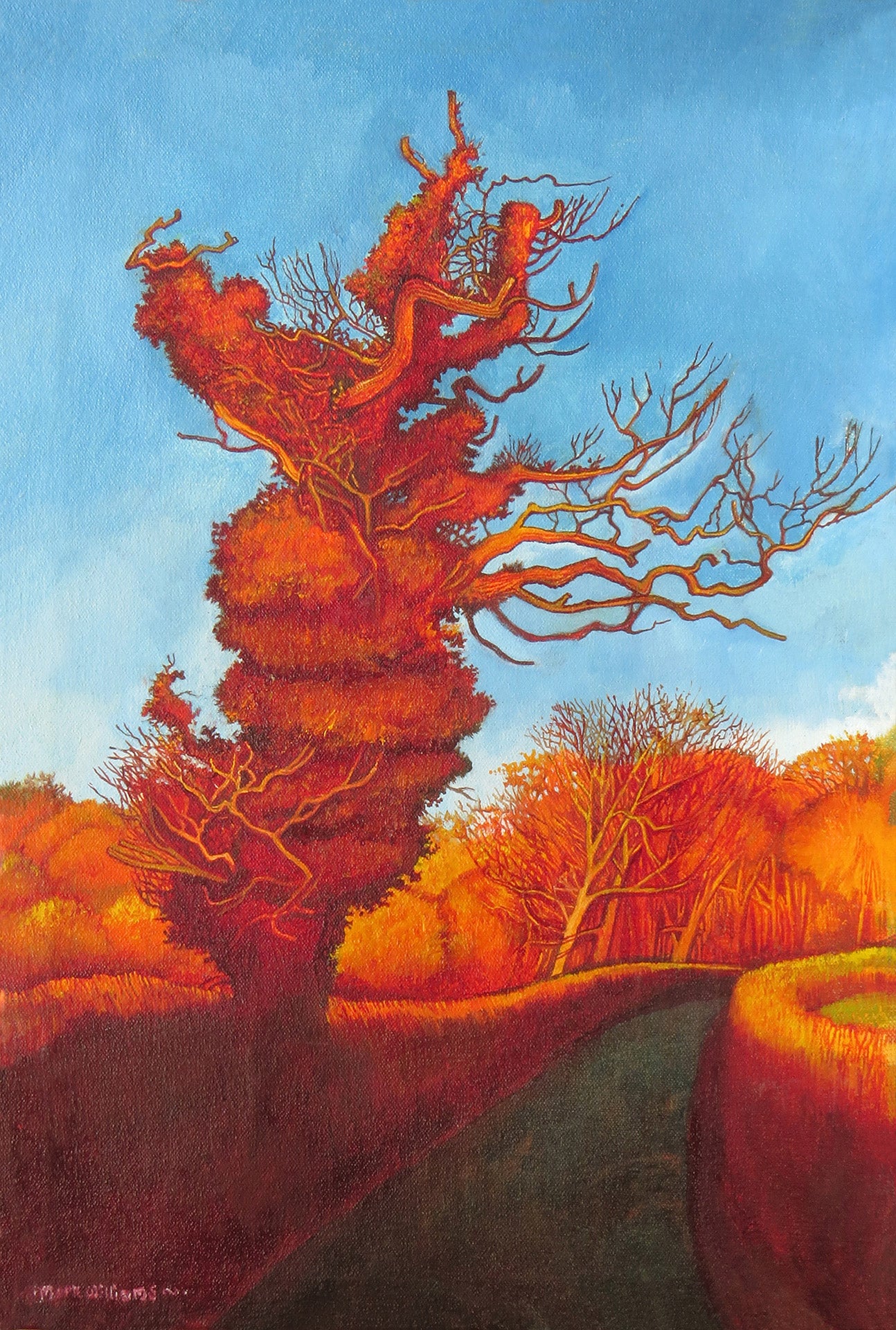 “The Red Tree” - I used to live not far from this tree - I never liked to walk past it as it seemed to be alive: So I painted it that way- as if all the other trees are recoiling from it.