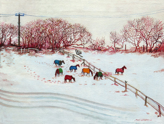 “Winter Horses” - I saw these horses in snowy fields near Llanddewi Fach: In my painting Inplaced one horse in a field separate from the rest - as symbolic of Arthur Machen and other large characters who follow their own and often solitary path.