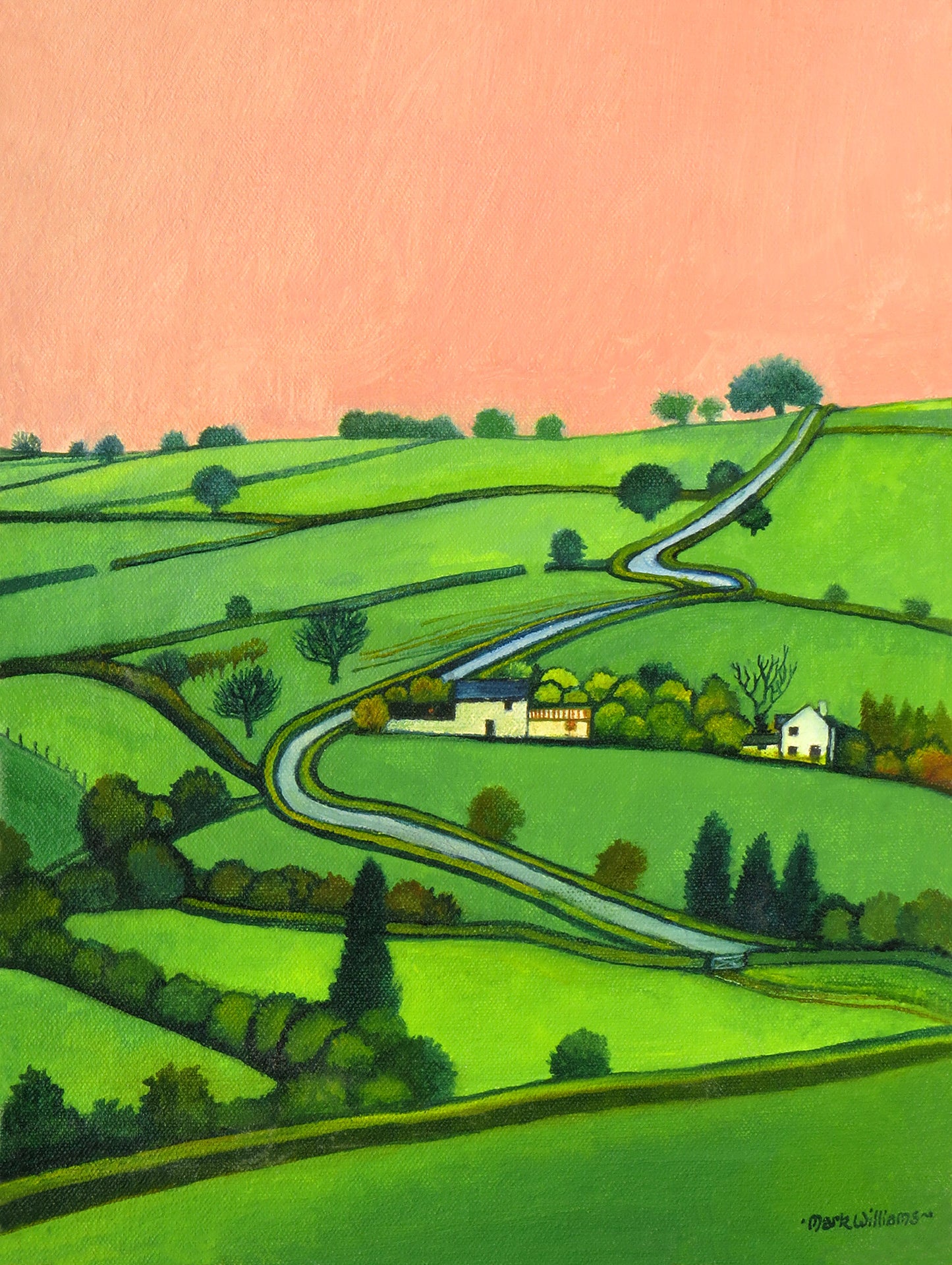 “Ysguborwen - The White Barn” - I based this image on a view of the back lane that leads from Llangwm Uchaf to “Llywelyn’s Dingle”: I wanted the lane to look like a ribbon laid across the countryside.