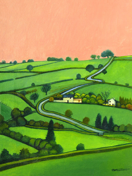 “Ysguborwen - The White Barn” - I based this image on a view of the back lane that leads from Llangwm Uchaf to “Llywelyn’s Dingle”: I wanted the lane to look like a ribbon laid across the countryside.